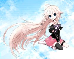 Rule 34 | 1girl, ahoge, bare shoulders, blue eyes, boots, ia (vocaloid), long hair, niboshi, pink hair, single thighhigh, sitting, skirt, smile, solo, thighhighs, very long hair, vocaloid