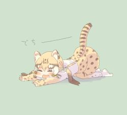 Rule 34 | 10s, 1girl, absurdres, animal ears, blonde hair, blush, boots, bow, brown hair, cat ears, cat stretch, cat tail, commentary request, fang, geoffroy&#039;s cat (kemono friends), hair bow, hasu (zatsugami), high-waist skirt, highres, kemono friends, long sleeves, multicolored hair, polka dot, short hair, sidelocks, skirt, solo, stretching, suspender skirt, suspenders, tail, thighhighs, translation request, twintails
