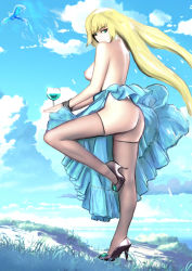 Rule 34 | 1girl, absurdres, aqua eyes, articuno, aruuin, ass, bird, blonde hair, blue skirt, breasts, cloud, creatures (company), cup, day, dress, drinking glass, earrings, from side, full body, game freak, gen 1 pokemon, green eyes, high heels, highres, jewelry, legendary pokemon, long hair, looking at viewer, lusamine (pokemon), mature female, nail polish, nintendo, nipples, no panties, outdoors, pokemon, pokemon (creature), pokemon sm, public indecency, pumps, sideboob, skirt, sky, solo, standing, standing on one leg, thighhighs, topless, twisted neck, very long hair, wine glass