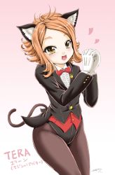 Rule 34 | 1girl, 2016, :d, animal ears, black jacket, black leotard, black pantyhose, blazer, bow, bowtie, buttons, cat ears, cat tail, chiaki tarou, collared shirt, copyright name, dated, elin, eyebrows, flat chest, gloves, gradient background, groin, hands up, heart, highres, interlocked fingers, jacket, kittysuit, leotard, long hair, long sleeves, nontraditional playboy bunny, open mouth, orange eyes, orange hair, own hands together, pantyhose, parted bangs, rabbit, red bow, red bowtie, shirt, signature, smile, solo, standing, tail, tera online, white gloves, white shirt