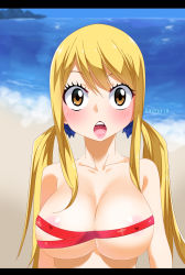 Rule 34 | 1girl, areola slip, beach, blonde hair, blush, breasts, brown eyes, covered erect nipples, fairy tail, gaston18, highres, large breasts, lucy heartfilia, nipple slip, nipples, ocean, open mouth, ribbon, twintails, water