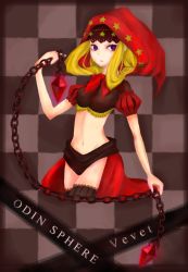 Rule 34 | 1girl, blonde hair, chain, character name, copyright name, crop top, highres, laika (artist), midriff, odin sphere, purple eyes, simple background, solo, thighhighs, velvet (odin sphere)