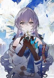 Rule 34 | 1girl, blue flower, bronya rand, brown eyes, brown gloves, closed mouth, earrings, floral background, flower, gloves, grey flower, grey hair, highres, holding, holding flower, honkai: star rail, honkai (series), jewelry, long sleeves, looking at viewer, multicolored flower, ringlets, shirt, smile, solo, white background, white flower, white shirt, yasumigohan