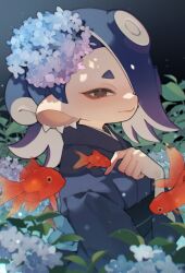 Rule 34 | 1girl, absurdres, alternate costume, alternate hairstyle, blue flower, blue hair, blue kimono, cephalopod eyes, closed mouth, commentary request, earrings, film grain, fish, flower, folded ponytail, from side, goldfish, hair flower, hair ornament, hair over one eye, hand up, highres, japanese clothes, jewelry, kimono, leaf, long sleeves, looking at animal, medium hair, multiple earrings, nintendo, obi, octoling, one eye covered, prat rat, red eyes, sash, shiver (splatoon), solo, splatoon (series), splatoon 3, suction cups, tentacle hair, upper body