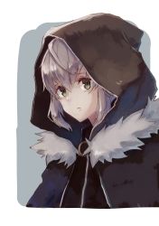Rule 34 | 1girl, absurdres, border, fate (series), fur-trimmed jacket, fur trim, gray (fate), green eyes, grey background, grey hair, highres, hood, hood up, jacket, looking at viewer, lord el-melloi ii case files, outside border, painterly, shiburingaru, sidelocks, solo, upper body, white border