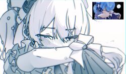 1girl absurdres arm_garter artistic_error blue_hair blurry blush bow close-up closed_eyes commentary commentary_request covered_mouth derivative_work earrings english_commentary gloves greyscale hair_between_eyes hair_bow hand_up highres hololive hoshimachi_suisei hoshimachi_suisei_(old_design)_(dress-up_ver.) idol idol_clothes jewelry kiel_adair light_frown monochrome nose_blush reference_inset screenshot_inset screenshot_redraw side_ponytail simple_background solo tears virtual_youtuber white_background wiping_tears wrist_cuffs