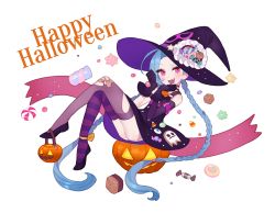 Rule 34 | 1girl, :d, asymmetrical legwear, black gloves, blue hair, braid, candy, crossed bandaids, crossed legs, fang, food, gloves, gwayo, happy halloween, hat, jack-o&#039;-lantern, jinx (league of legends), league of legends, long hair, looking at viewer, open mouth, pink eyes, smile, solo, striped clothes, striped thighhighs, thighhighs, twin braids, uneven legwear, very long hair, white background, witch hat