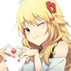 Rule 34 | 1girl, ;), ahoge, blonde hair, blurry, collarbone, commentary, depth of field, flower, gnns, green eyes, hair between eyes, hair flower, hair ornament, heart, heart hands, highres, hoshii miki, idolmaster, idolmaster (classic), long hair, long sleeves, looking at viewer, off shoulder, one eye closed, shirt, sidelocks, simple background, smile, solo, white background, white shirt