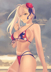 Rule 34 | 1girl, absurdres, american flag bikini, asymmetrical hair, bikini, blue eyes, breasts, bun cover, cloud, cloudy sky, commentary request, cowboy shot, fate/grand order, fate (series), flag print, from side, front-tie bikini top, front-tie top, hair bun, highres, large breasts, miyamoto musashi (fate), miyamoto musashi (fate/grand order), miyamoto musashi (swimsuit berserker) (fate), miyamoto musashi (swimsuit berserker) (second ascension) (fate), multi-strapped bikini, navel, pink hair, print swimsuit, quatthro, single hair bun, single hair intake, single side bun, single sidelock, sky, solo, standing, swept bangs, swimsuit, tan, tanline