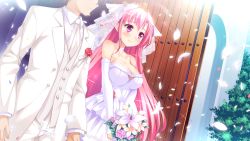 Rule 34 | 1boy, 1girl, ascot, blush, bouquet, breasts, bridal veil, bride, cleavage, closed mouth, collarbone, collared shirt, couple, day, detached sleeves, diadem, dress, floating hair, flower, game cg, hair between eyes, harukaze sensation!, head out of frame, highres, holding, holding bouquet, jacket, ko~cha, large breasts, long hair, long sleeves, miyatsuki haruka, open clothes, open jacket, outdoors, pants, petals, pink eyes, pink hair, shirt, sleeveless, sleeveless dress, smile, sparkle, strapless, strapless dress, veil, very long hair, vest, wedding, wedding dress, white ascot, white dress, white jacket, white pants, white shirt, white sleeves, white vest, wing collar