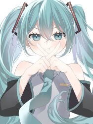 Rule 34 | 1girl, aqua eyes, aqua hair, aqua necktie, bare shoulders, black sleeves, blue eyes, blue hair, blush, closed mouth, detached sleeves, grey shirt, hair between eyes, hair ornament, hatsune miku, highres, long hair, looking at viewer, necktie, nitsuki 09, pout, shirt, simple background, solo, twintails, vocaloid, white background, wind, x fingers