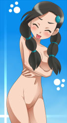 Rule 34 | 00s, 1girl, :p, awa, blush, braid, breast hold, breasts, candice (pokemon), censored, completely nude, convenient censoring, creatures (company), game freak, gym leader, hair censor, hair over breasts, hair over shoulder, medium breasts, multi-tied hair, nintendo, nude, paw print, pokemon, pokemon dppt, solo, tongue, tongue out, twin braids, twintails