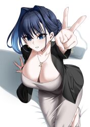 Rule 34 | 1girl, absurdres, arm support, bag, black jacket, blazer, blue eyes, blue hair, breasts, cleavage, dongtan dress, dress, earrings, foreshortening, gradient hair, grey dress, grey footwear, grin, hair bun, hair intakes, handbag, highres, hololive, hololive english, jacket, jewelry, large breasts, looking at viewer, meme attire, multicolored hair, necklace, open clothes, open jacket, ouro kronii, scoop neck, short hair, sitting, smile, solo, taut clothes, taut dress, tewaki, v, virtual youtuber