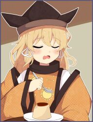 Rule 34 | 1girl, absurdres, black hat, blonde hair, blush, brown hat, closed eyes, commentary request, food, hat, highres, holding, holding spoon, iyo mamoru, long hair, long sleeves, matara okina, open mouth, orange sleeves, orange tabard, plate, pointy hat, pudding, ribbon, shirt, solo, spoon, sun print, tabard, table, touhou, undershirt, white ribbon, white shirt, wide sleeves