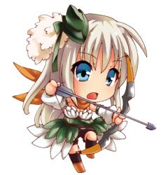 Rule 34 | 1girl, arrow (projectile), black shorts, black socks, blue eyes, bow (weapon), breasts, bycocket, chibi, cleavage, commentary request, detached sleeves, drawing bow, full body, green headwear, green skirt, grey hair, holding, holding bow (weapon), holding weapon, long hair, looking afar, lowres, medium breasts, momozakura nanao, official alternate costume, open mouth, ragnarok online, ranger (ragnarok online), scarf, short shorts, shorts, simple background, skirt, socks, solo, transparent background, weapon, white sleeves, yellow scarf
