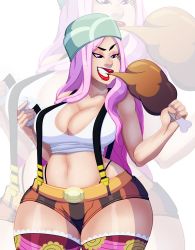 Rule 34 | 1girl, bare shoulders, breasts, cleavage cutout, clothing cutout, curvy, eating, female focus, food, happy, hat, highres, holding, holding food, jacket, jewelry bonney, ladycandy2011, large breasts, lipstick, looking at another, makeup, meat, midriff, navel, one piece, onigiri, piercing, pink hair, pirate costume, purple eyes, shiny skin, smile, solo, suspenders, tattoo, thick thighs, thighhighs, thighs, wide hips