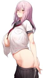 Rule 34 | 1girl, absurdres, bandaid, bandaid on pussy, blush, breasts, clothes pull, highres, huge breasts, kurowa, long hair, looking at viewer, navel, neckerchief, open clothes, open shirt, original, panties, parted lips, pink hair, pleated skirt, red neckerchief, sailor collar, school uniform, serafuku, shirt, side-tie panties, skirt, skirt pull, solo, sweat, underwear, white background, yellow eyes