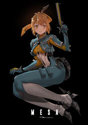 Rule 34 | 1girl, absurdres, black background, blonde hair, boots, breasts, collar, devil lo, gun, handgun, highres, holding, humanization, light smile, mesa (warframe), power suit, short hair, signature, simple background, small breasts, warframe, weapon, white footwear