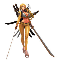 Rule 34 | 1girl, absurdres, belt, black eyes, blonde hair, breasts, cherrylich, cigarette, cleavage, daeho cha, dual wielding, high heels, highres, hip focus, holding, katana, large breasts, lips, long hair, midriff, multiple swords, navel, pants, shiny clothes, sketch, skin tight, smoking, solo, sword, warrior, weapon, yellow pants