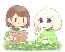 Rule 34 | 1boy, 1other, androgynous, asriel dreemurr, blush, book, brown eyes, brown hair, chara (undertale), fang, flower, furry, furry male, green sweater, long sleeves, monster boy, reading, sasa kichi, smile, sweater, undertale, white background