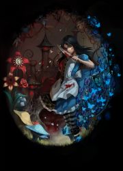 Rule 34 | 1girl, alice: madness returns, alice (alice in wonderland), alice in wonderland, alice liddell (american mcgee&#039;s alice), alternate costume, american mcgee&#039;s alice, bad id, bad pixiv id, belt, black hair, boots, bug, butterfly, dress, gloves, green eyes, highres, insect, jewelry, knife, necklace, red eyes, solo, thighhighs, tower, venus symbol, weibo, yii (949244562)