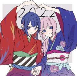 Rule 34 | 2022, 2girls, atenaba, blue-framed eyewear, blue eyes, blue kimono, border, closed mouth, colored inner hair, commentary, grey background, heart arms duo, highres, holding hands, japanese clothes, kaf (kamitsubaki studio), kamitsubaki studio, kimono, long sleeves, looking at viewer, medium hair, multicolored hair, multiple girls, obi, parted lips, pink hair, ponytail, red hair, red kimono, rim (kamitsubaki studio), sash, simple background, smile, symbol-only commentary, upper body, white border, yellow pupils