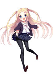 Rule 34 | 10s, 1girl, :d, bad id, bad pixiv id, black pantyhose, blonde hair, blue eyes, blush, cardigan, fang, hair ornament, hairclip, haluka (aixioo), hana n. fountainstand, hanayamata, highres, loafers, long hair, long sleeves, looking at viewer, open cardigan, open clothes, open mouth, outstretched arm, pantyhose, plaid, plaid skirt, school uniform, shoes, skirt, smile, solo, twintails, two side up, very long hair