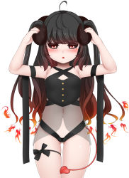 Rule 34 | 1girl, absurdres, ahoge, armpits, bad id, bad pixiv id, black hair, black sclera, blush, bondage outfit, bow, breasts, chestnut mouth, colored sclera, demon horns, demon tail, eyebrows, gluteal fold, gradient hair, heart, highres, holding, horns, long hair, mapar, multicolored hair, navel, original, red eyes, see-through, simple background, skindentation, small breasts, solo, tail, thigh gap, thigh strap, white background
