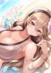 Rule 34 | 1girl, bikini, black hairband, blonde hair, breasts, cleavage, closed mouth, corrin (female) (fire emblem), corrin (female) (summer) (fire emblem), corrin (fire emblem), fire emblem, fire emblem fates, fire emblem heroes, flower, hair flower, hair ornament, hairband, highres, large breasts, long hair, nakabayashi zun, nintendo, official alternate costume, pointy ears, red eyes, smile, solo, swimsuit, upper body, wreath