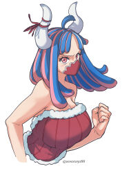 Rule 34 | 1girl, alternate costume, aosora2823, artist name, blue hair, clenched hand, commentary, covered mouth, dress, english commentary, highres, horns, long hair, looking at viewer, mask, mouth mask, multicolored hair, one piece, pink hair, simple background, solo, twitter username, two-tone hair, ulti (one piece), white background, white horns