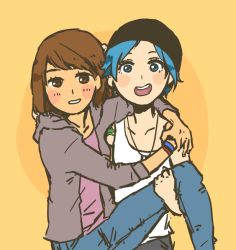 Rule 34 | 2girls, :d, black hat, blue eyes, blue hair, blue pants, blush stickers, bracelet, brown eyes, brown hair, brown jacket, chloe price, commentary, denim, english commentary, hat, hug, jacket, jeans, jewelry, life is strange, long sleeves, looking at viewer, max caulfield, multiple girls, necklace, open clothes, open jacket, open mouth, orange background, pants, parted lips, round teeth, shirt, short hair, simple background, smile, sooyun choi, tank top, tattoo, teeth, white shirt