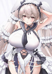 Rule 34 | 1girl, absurdres, ash (cat7evy), azur lane, black choker, black ribbon, black sailor collar, bow, breasts, brown hair, choker, clothing cutout, cowboy shot, curvy, dress, dress bow, dress flower, feather dress, formidable (azur lane), formidable (timeless classics) (azur lane), hair ornament, hand in own hair, highres, huge breasts, long hair, looking at viewer, navel cutout, official alternate costume, red eyes, ribbon, sailor collar, sleeveless, sleeveless dress, solo, thick thighs, thighs, two-tone dress, two-tone ribbon, veil, very long hair, wide hips