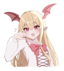 Rule 34 | 1girl, blonde hair, foulo paints, granblue fantasy, head wings, highres, long hair, red eyes, shirt, simple background, smile, solo, twitter, upper body, vampy, white background, white shirt, wings