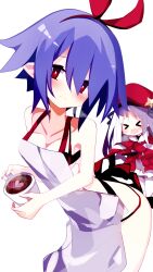 Rule 34 | 2girls, absurdres, apron, blue hair, breasts, coffee, disgaea, hair over one eye, hairband, highres, multiple girls, nanozenzen, nearly naked apron, pleinair, pointy ears, red eyes, short hair, small breasts, very short hair