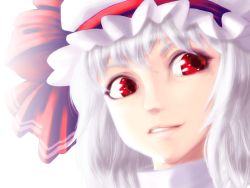 Rule 34 | 1girl, anti-earth bomb, female focus, grin, hat, portrait, red eyes, remilia scarlet, silver hair, smile, solo, touhou, white background