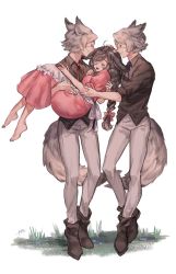 Rule 34 | 1girl, 2boys, animal ears, artist name, bandages, bandage over one eye, barefoot, blue neckwear, blush, bow, braid, brown footwear, brown hair, closed mouth, dress, closed eyes, fingernails, fox boy, fox tail, grass, hair bow, highres, holding person, long hair, multiple boys, open mouth, original, pan (pan 417), pink bow, pink dress, red neckwear, siblings, signature, simple background, smile, standing, tail, teeth, twins, upper teeth only, white background