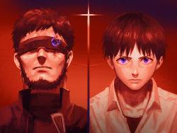 Rule 34 | 2boys, beard, black jacket, black shirt, brown hair, bullet hole, closed mouth, collared shirt, commentary request, cross, facial hair, father and son, head-mounted display, highres, ikari gendou, ikari shinji, jacket, looking at viewer, male focus, multiple boys, neon genesis evangelion, purple eyes, red background, red theme, rott ur, shirt, short hair, upper body, white shirt