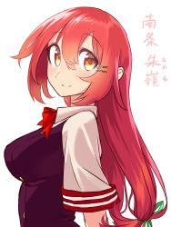 Rule 34 | 1girl, blew andwhite, blush, bow, bowtie, breasts, dress shirt, green ribbon, hair ornament, hair ribbon, hairclip, highres, large breasts, long hair, looking at viewer, orange eyes, original, profile, red hair, ribbon, shirt, short sleeves, simple background, smile, solo, translation request, twintails, vest, white background, white shirt