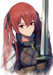 Rule 34 | 1girl, black ribbon, brown gloves, closed mouth, fire emblem, fire emblem fates, frown, gloves, hair between eyes, hair ribbon, highres, holding, holding sword, holding weapon, labebebe lee, long hair, nintendo, red eyes, red hair, ribbon, selena (fire emblem fates), simple background, solo, sword, twintails, upper body, weapon, white background