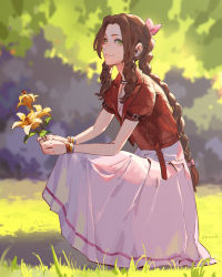Rule 34 | 1girl, aerith gainsborough, arm support, belt, blurry, blurry background, bow, bracelet, braid, braided ponytail, breasts, brown hair, cropped jacket, dress, drill hair, final fantasy, final fantasy vii, flower, full body, grass, green eyes, hair bow, highres, holding, holding flower, jacket, jewelry, jiro (ninetysix), leaning forward, lily (flower), long dress, looking at viewer, looking to the side, necklace, pink bow, pink dress, red jacket, short sleeves, side drill, sidelocks, signature, smile, solo, squatting, tri drills, twitter username