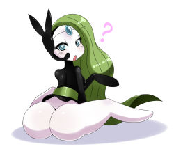 Rule 34 | 1girl, ?, ass, blue eyes, blush, bottomless, creatures (company), eric lowery, game freak, gen 5 pokemon, green hair, huge ass, legendary pokemon, looking at viewer, looking back, meloetta, mythical pokemon, nintendo, pokemon, pokemon (creature), simple background, solo