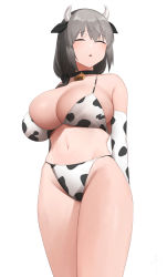 Rule 34 | 1girl, animal ears, animal print, arms behind back, bell, bikini, black collar, breasts, bursting breasts, cleavage, closed eyes, collar, commentary request, cow ears, cow horns, cow print, cow print bikini, cowbell, elbow gloves, gloves, grey hair, highres, horns, huge breasts, legs together, neck bell, print bikini, print gloves, senju (snz0), simple background, skindentation, solo, standing, swimsuit, uzaki-chan wa asobitai!, uzaki tsuki, white background