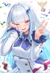 Rule 34 | 1girl, ;), blue hair, blunt bangs, blush, colored inner hair, commentary request, confetti, frilled sleeves, frills, hair ornament, hairpin, hands up, highres, lize helesta, long hair, long sleeves, looking at viewer, multicolored hair, nijisanji, one eye closed, pink eyes, sebastian piyodore, shirt, smile, solo, suraimu (suraimuraimu), tears, underwear, v, very long hair, virtual youtuber, white background, white hair, white shirt, wiping tears