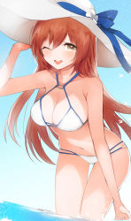 Rule 34 | 1girl, bikini, blush, breasts, brown hair, cleavage, day, girls&#039; frontline, green eyes, groin, hair between eyes, hand on headwear, highres, large breasts, leaning forward, long hair, looking at viewer, navel, o-ring, official alternate costume, one eye closed, open mouth, outdoors, peanutc, sidelocks, smile, solo, splashing, springfield (girls&#039; frontline), springfield (stirring mermaid) (girls&#039; frontline), stomach, swimsuit, thighs, wading, water, white bikini