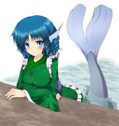 Rule 34 | 1girl, arm rest, blue eyes, blue hair, blush, breast rest, breasts, desukingu, female focus, fins, g (genesis1556), head fins, japanese clothes, kimono, large breasts, looking at viewer, matching hair/eyes, mermaid, monster girl, obi, partially submerged, sash, short hair, simple background, smile, solo, touhou, wakasagihime, water, white background