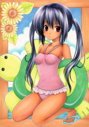 Rule 34 | 2754, bad id, bad pixiv id, black hair, flower, inflatable toy, k-on!, kneeling, long hair, nakano azusa, one-piece swimsuit, pink one-piece swimsuit, red eyes, sandals, solo, sunflower, swimsuit, tan, traditional media, turtle, twintails