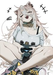 Rule 34 | 1girl, :d, ^ ^, absurdres, animal ears, black choker, black footwear, black shorts, blush, bra strap, breasts, choker, cleavage, closed eyes, controller, dualshock, fangs, game controller, gamepad, grey hair, hair between eyes, highres, holding, holding controller, hololive, indian style, jewelry, large breasts, lion ears, lion tail, long hair, mitsuki3s kir, necklace, off shoulder, open mouth, playstation controller, print shirt, shirt, shishiro botan, shishiro botan (casual), shoes, short shorts, shorts, simple background, sitting, smile, sneakers, solo, t-shirt, tail, very long hair, virtual youtuber, white background