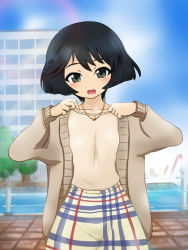 Rule 34 | 10s, 1girl, black eyes, black hair, blue skirt, blue sky, blurry, blurry background, blush, breasts, brown jacket, casual, cloud, cloudy sky, cowboy shot, day, girls und panzer, head tilt, highres, jacket, jewelry, long sleeves, looking at viewer, medium skirt, misakichi (fechisupi777), multicolored clothes, multicolored skirt, necklace, open mouth, outdoors, plaid, plaid skirt, shirt, short hair, skirt, sky, small breasts, smile, solo, standing, utsugi yuuki, white shirt, yellow skirt