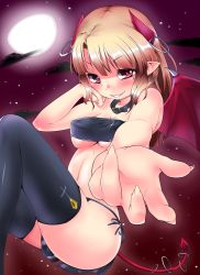 Rule 34 | 1girl, black thighhighs, blush, breasts, brown eyes, demon girl, demon horns, demon tail, grin, horn ornament, horn ring, horns, long hair, looking at viewer, madarauron, medium breasts, mole, mole under eye, moon, moshi (atelier33-4), original, outstretched arm, panties, pointy ears, red eyes, side-tie panties, smile, solo, tail, thighhighs, underwear, wings