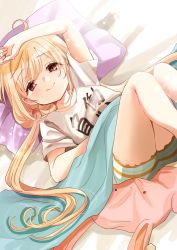 Rule 34 | 1girl, ahoge, bed, blonde hair, futaba anzu, highres, idolmaster, idolmaster cinderella girls, idolmaster cinderella girls starlight stage, long hair, low twintails, lying, on back, on bed, pillow, rino cnc, smile, solo, stuffed animal, stuffed rabbit, stuffed toy, twintails